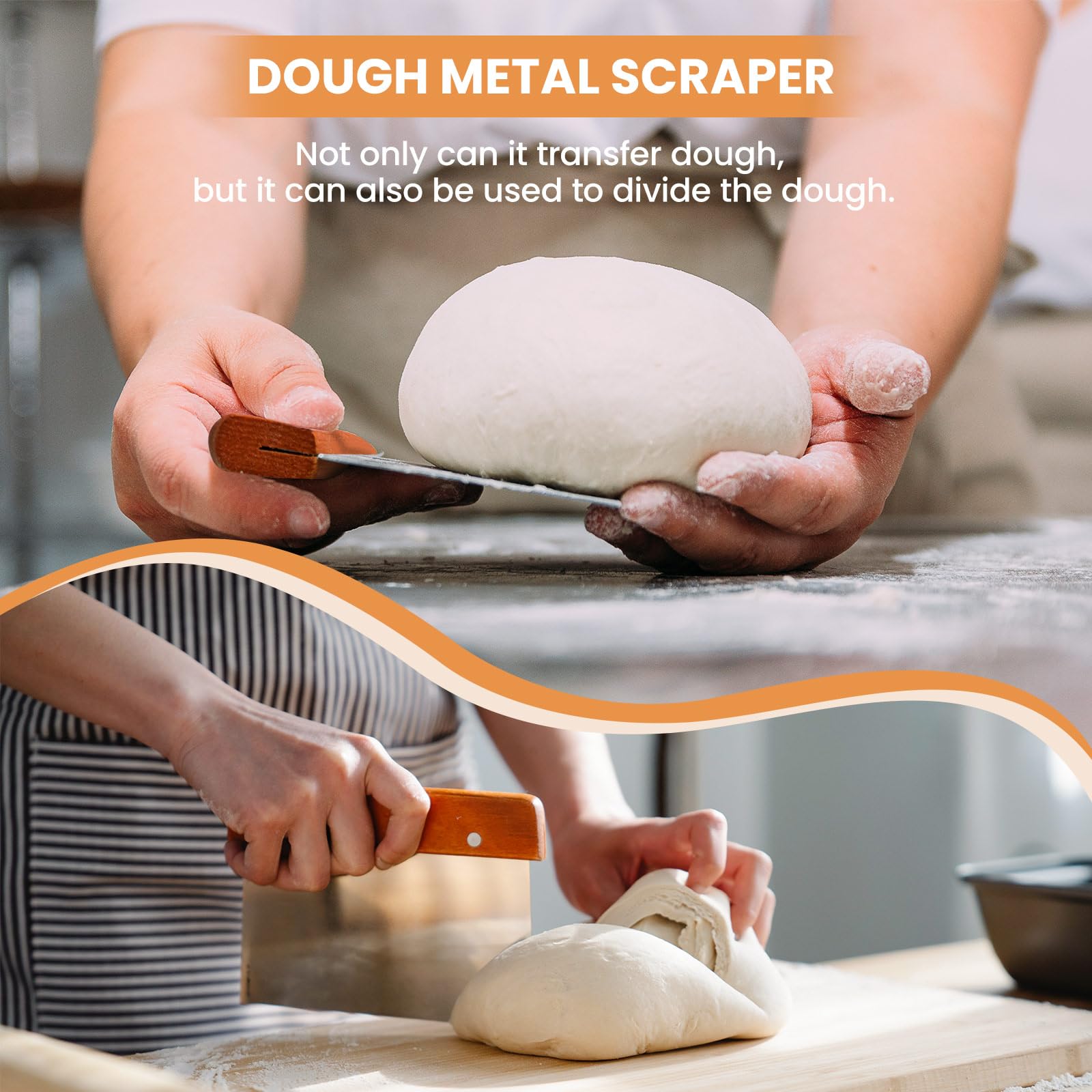 Kikcoin stainless dough scraper detail illustrating durable tool for clean portioning