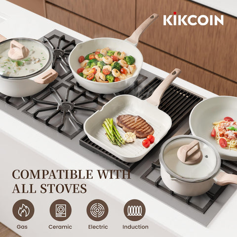 Kikcoin pans on stovetop in use showing even heating and induction compatibility