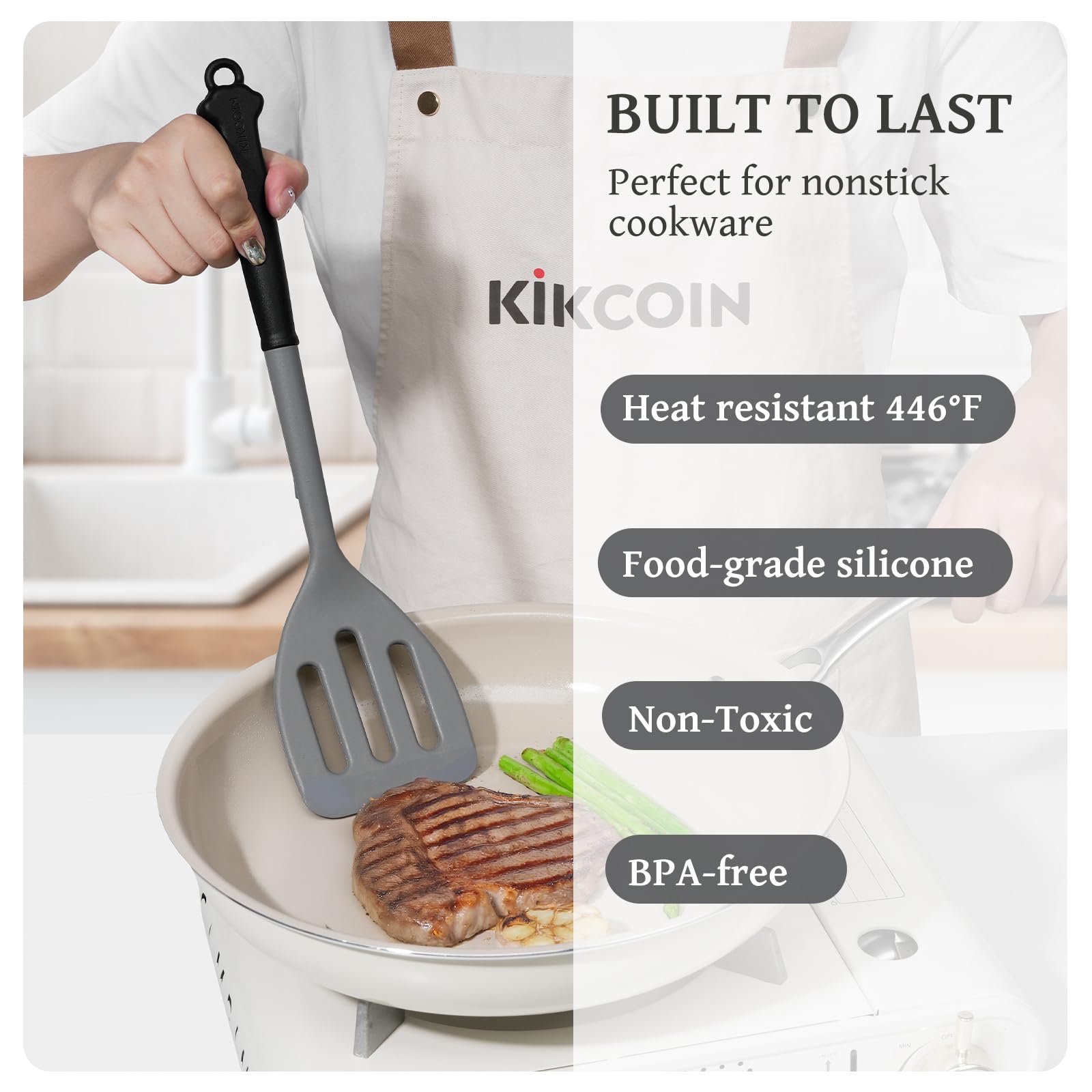 kikcoin tongs and whisk in use flipping food and mixing batter