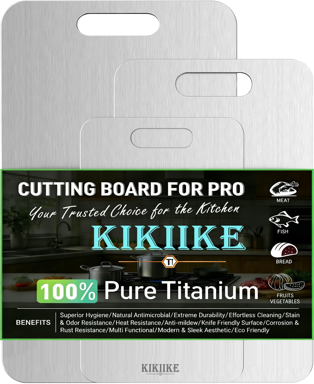 KIKIIKE front packaging showing the titanium cutting boards and durable design benefit