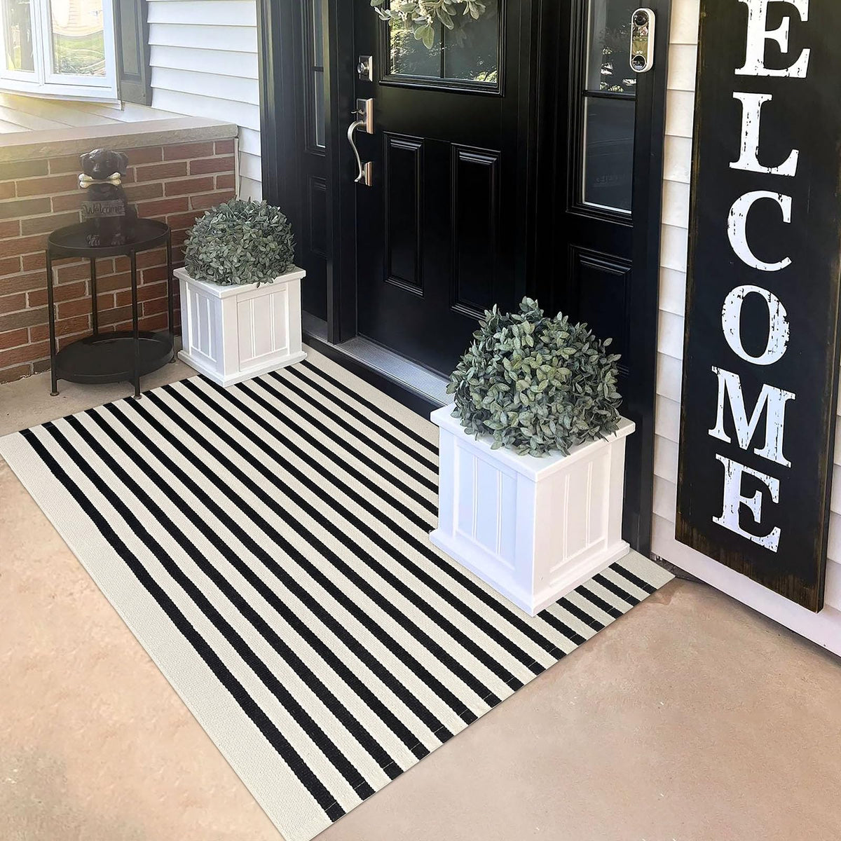KILOCOCO front view of beige striped rug showing clean entry styling