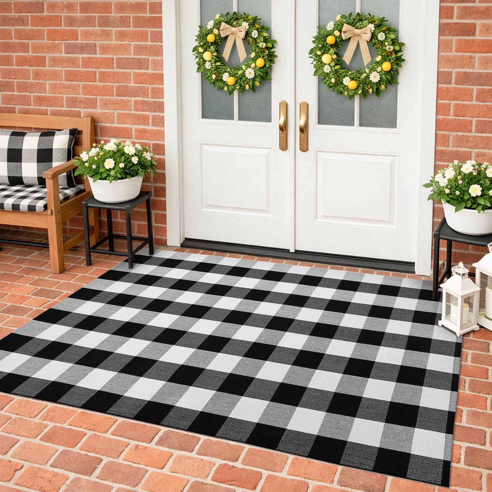 KILOCOCO front view of checker rug showing flat lay and door clearance benefit