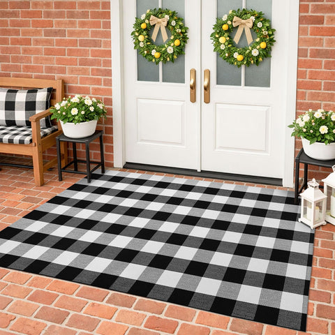 KILOCOCO front view of checker rug showing flat lay and door clearance benefit