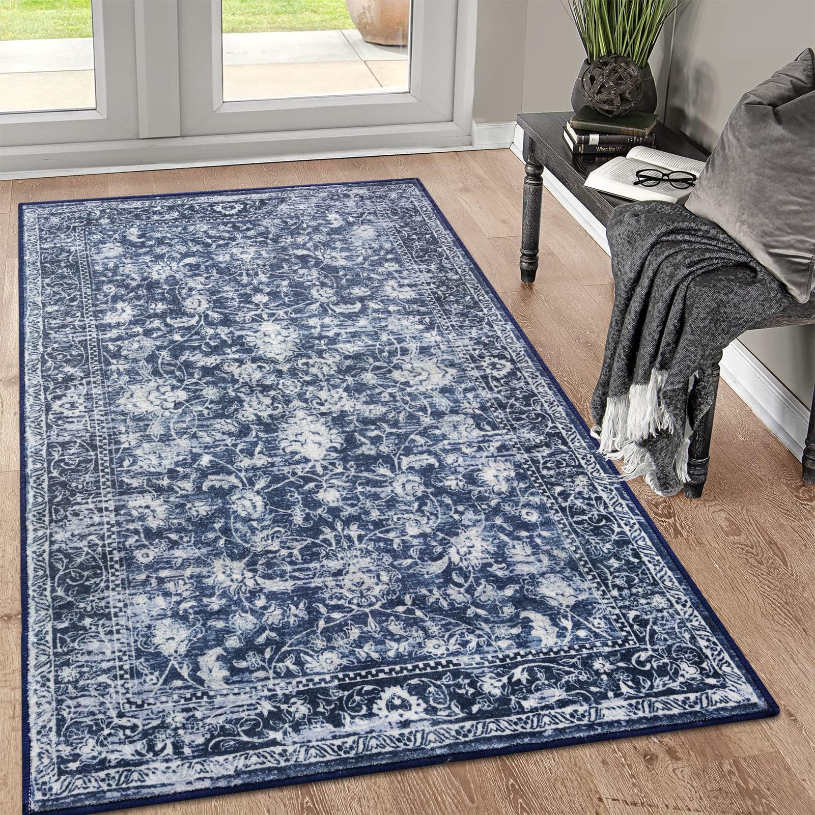 KILOCOCO front view navy-and-white rug showing pattern and neat finish benefit: instant style