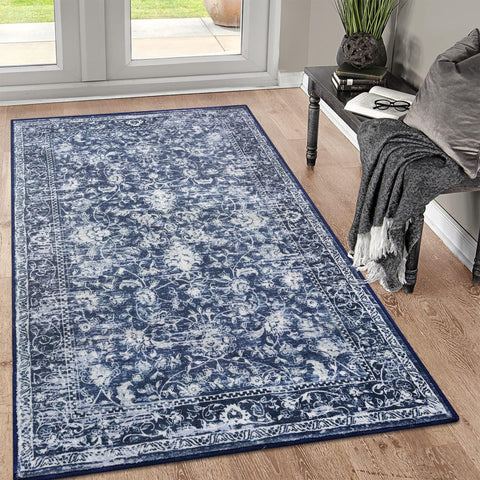 KILOCOCO front view navy-and-white rug showing pattern and neat finish benefit: instant style