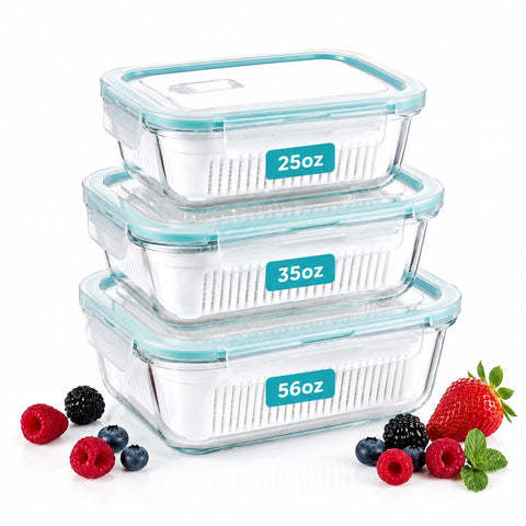 KIMIFACA front view of three glass containers showing sizes and organized fridge benefit