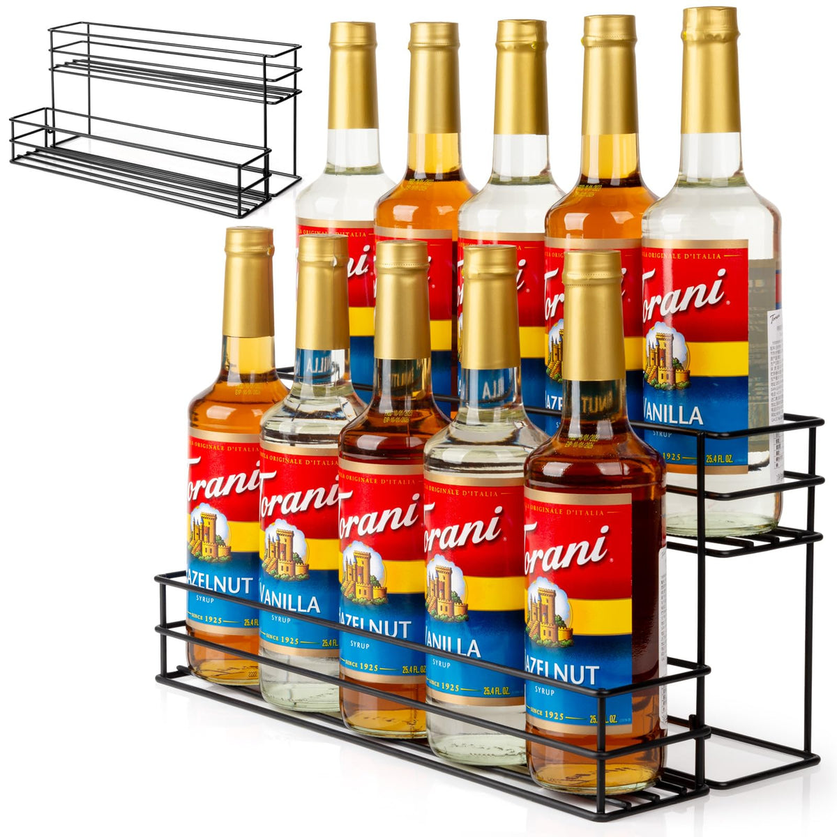 kimilus front view of 2-tier syrup organizer showing tidy bottle display and quick selection