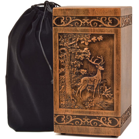 KIMNAG urn front view showing deer carving and dignified decor benefit