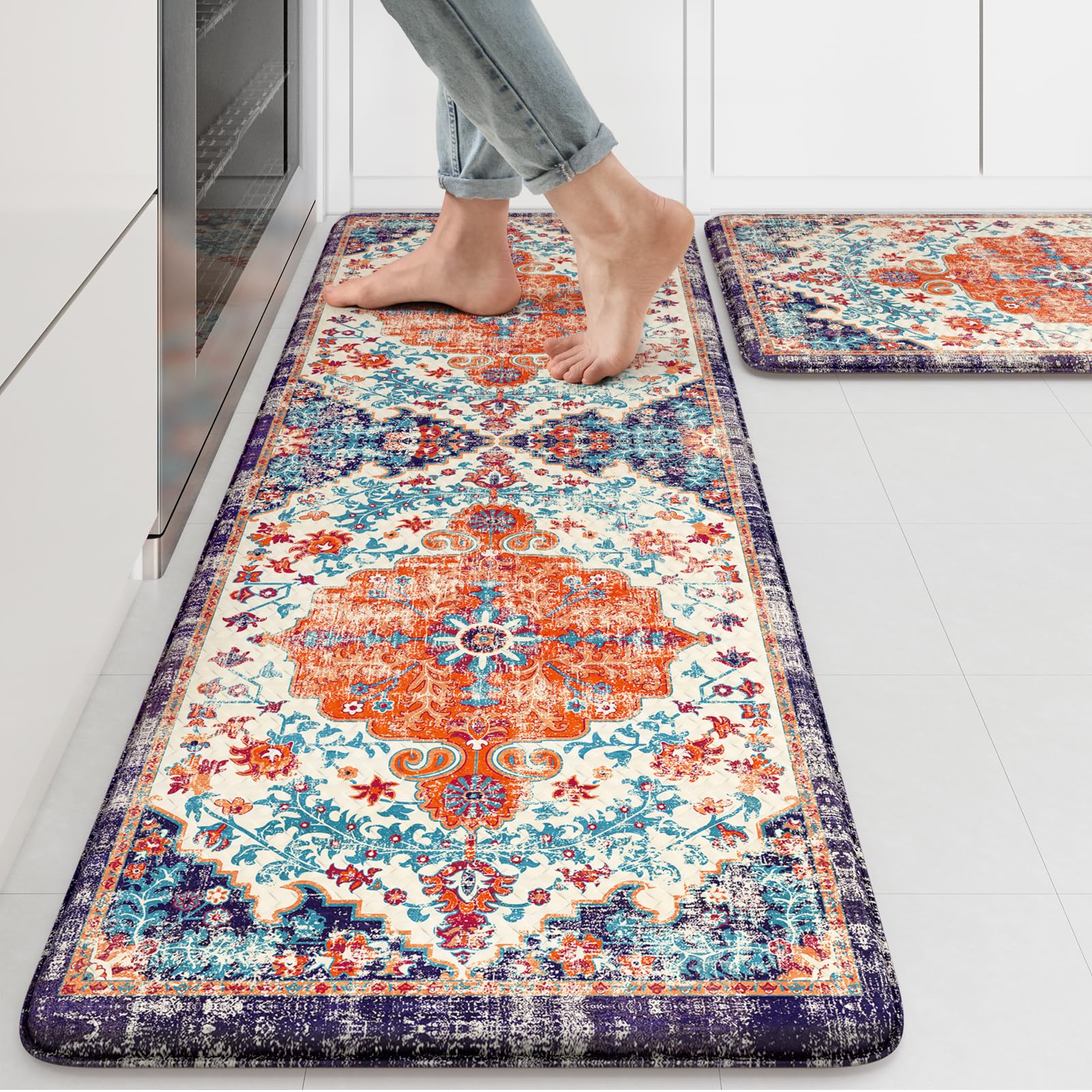 KIMODE front view of orange boho mat set showing pattern and size benefits