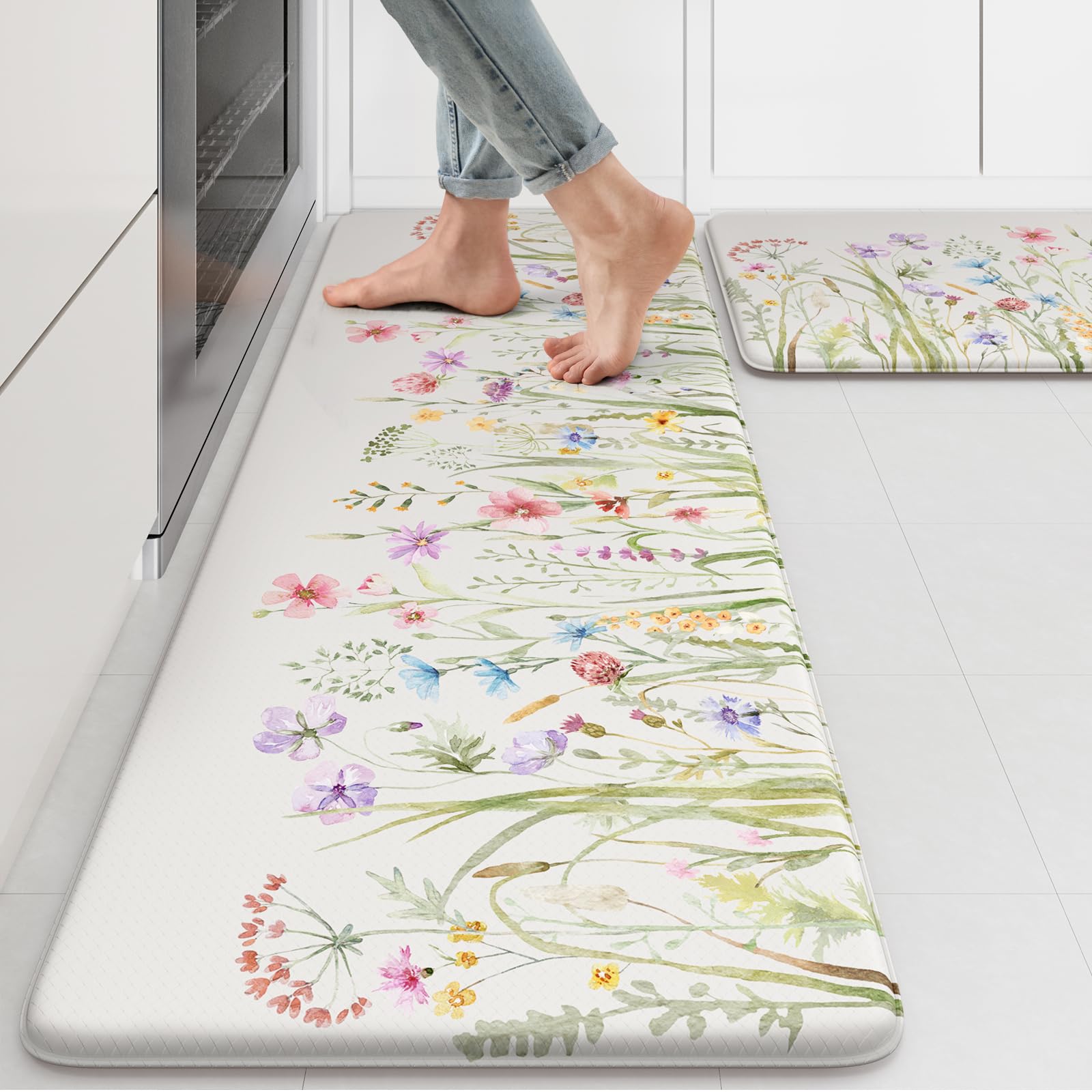 KIMODE front view of two-piece floral mats showing set and size benefits
