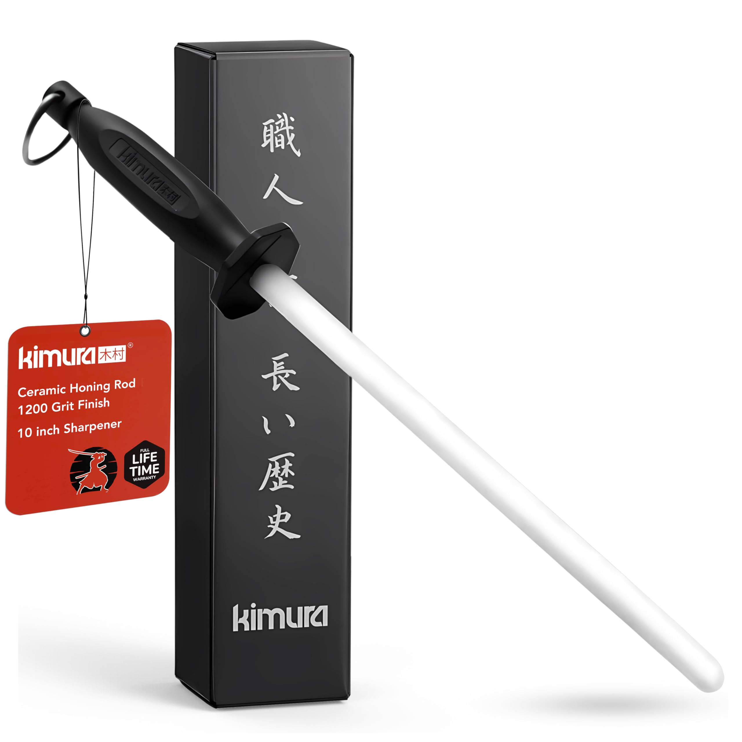 Kimura honing rod front view showing handle and rod, durable comfort grip