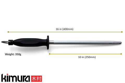 Kimura magnetized carbon-steel rod in use aligning a chef knife edge for faster safer prep