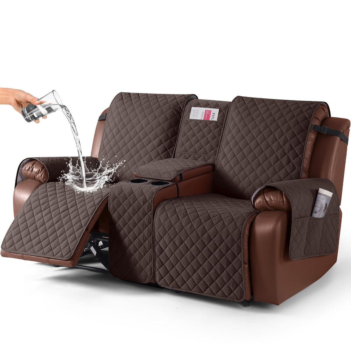 KinCam loveseat front view showing full chocolate cover protecting sofa