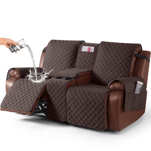 KinCam loveseat front view showing full chocolate cover protecting sofa