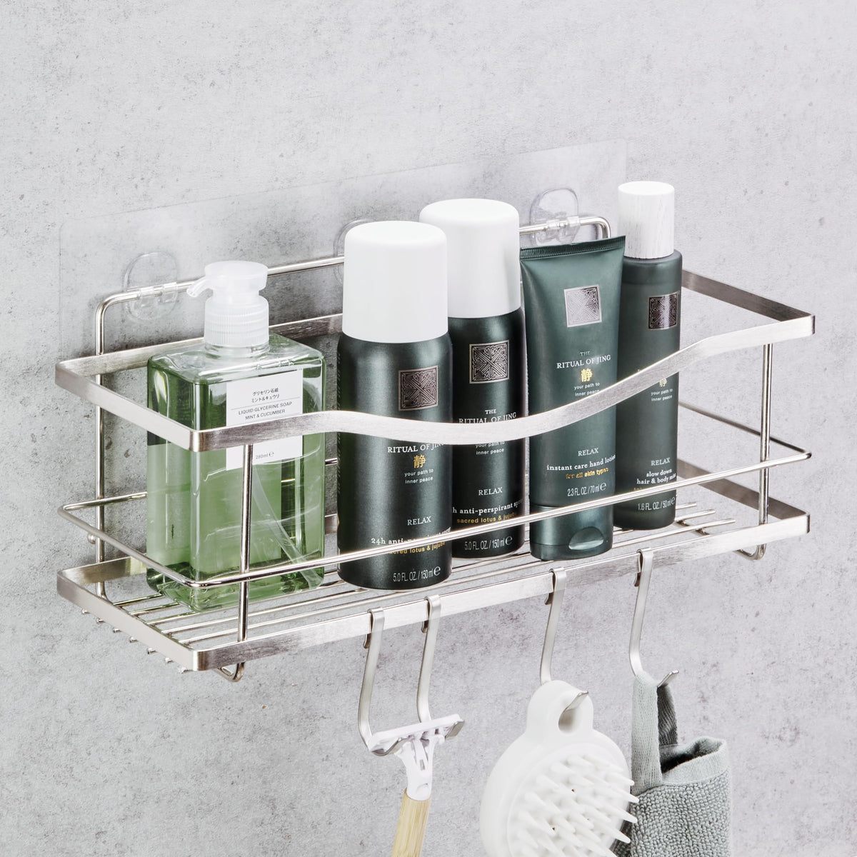 KINCMAX front view of shower caddy showing sleek silver finish and storage benefit