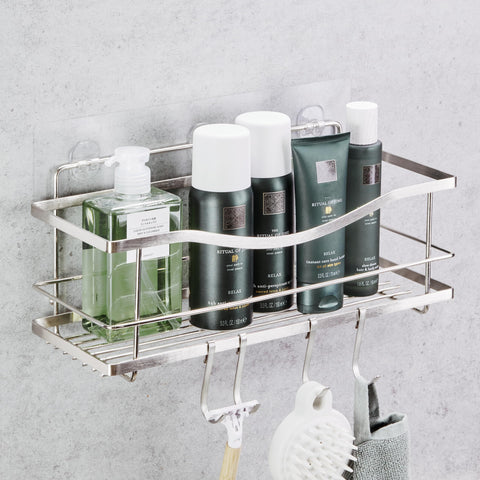 KINCMAX front view of shower caddy showing sleek silver finish and storage benefit