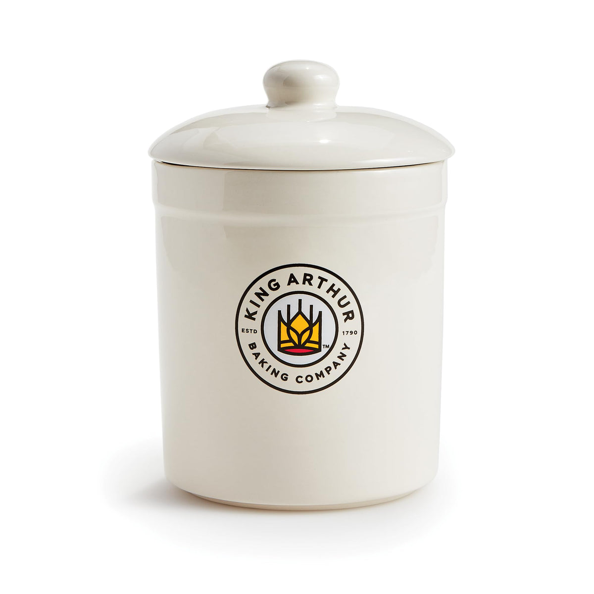 King Arthur front view of ceramic crock shows sturdy storage and neat countertop presence