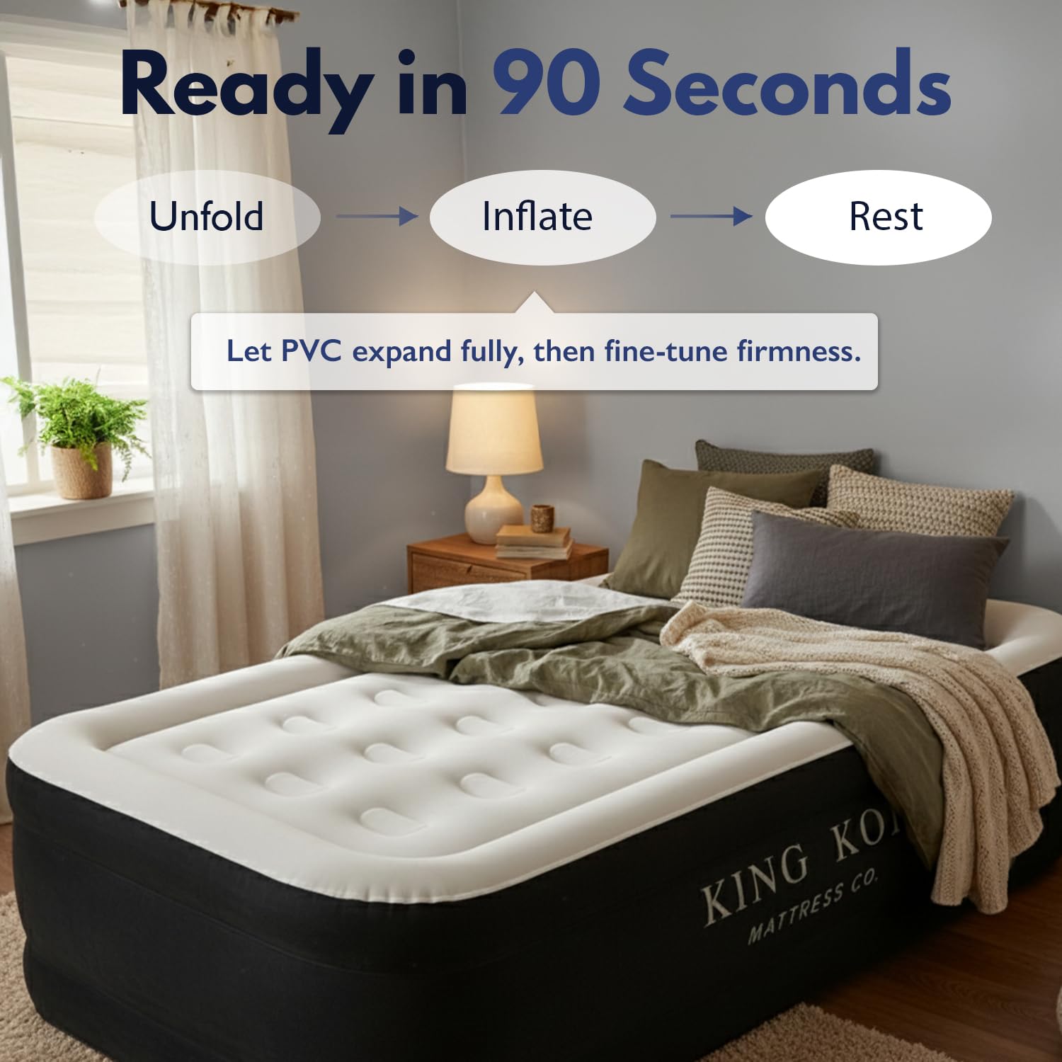 King Koil mattress inflating in a bedroom to show fast setup and ready-to-sleep convenience