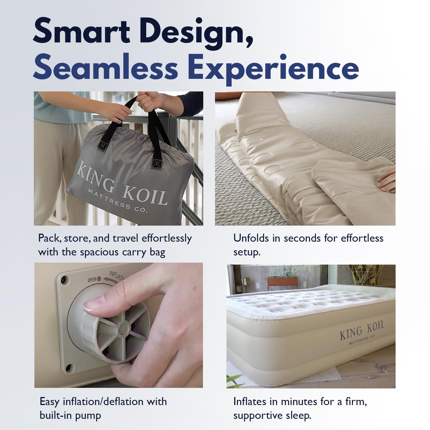 King Koil inflatable bed staged in bedroom for guest-ready comfort