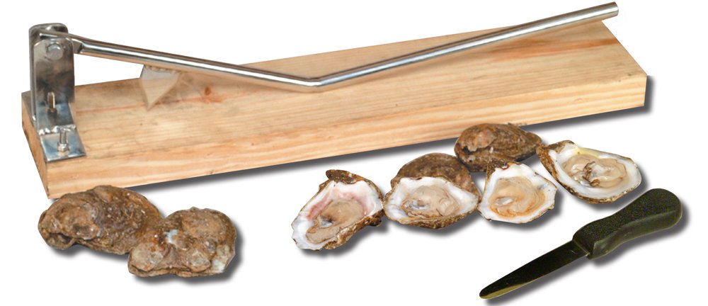 King Kooker front view showing opener and wooden base for stable shucking