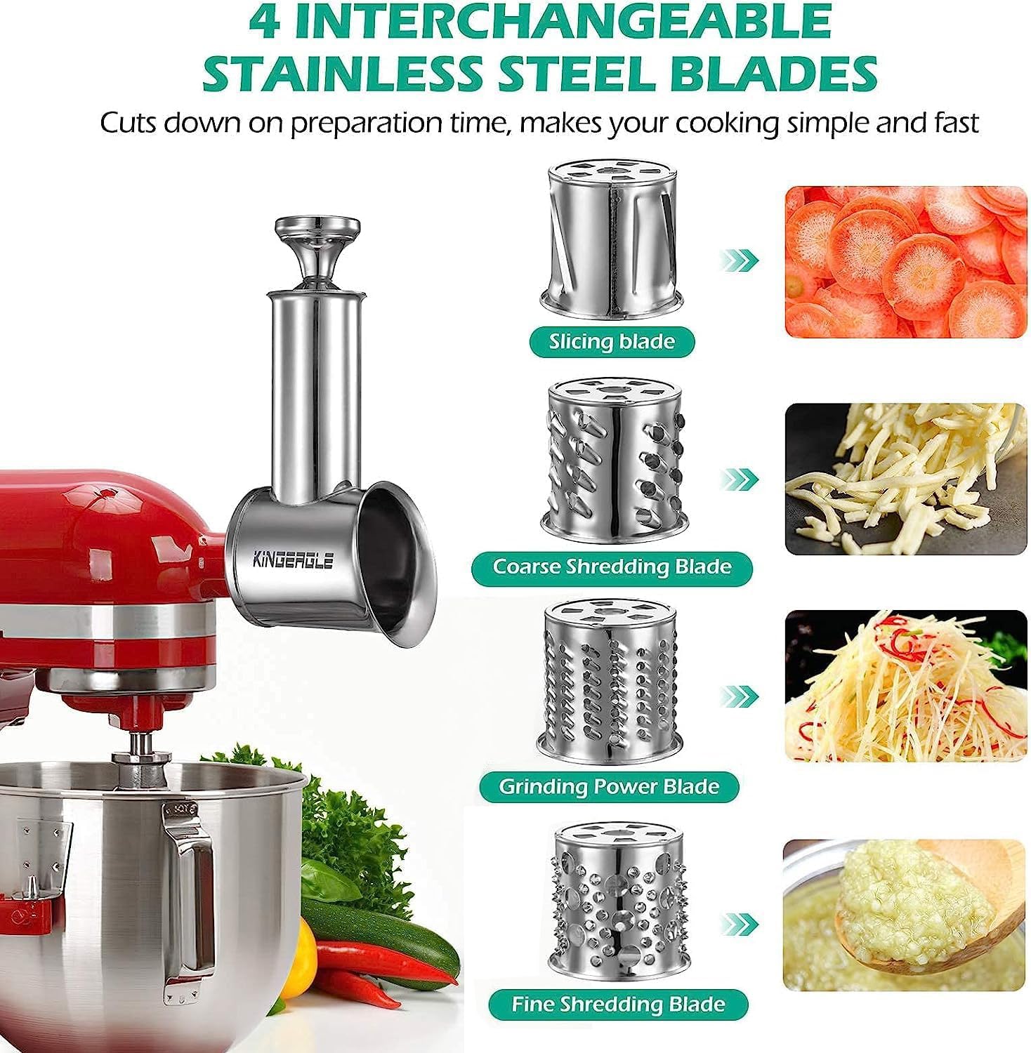 KINGEAGLE attachment mounted on KitchenAid mixer processing vegetables quickly benefit