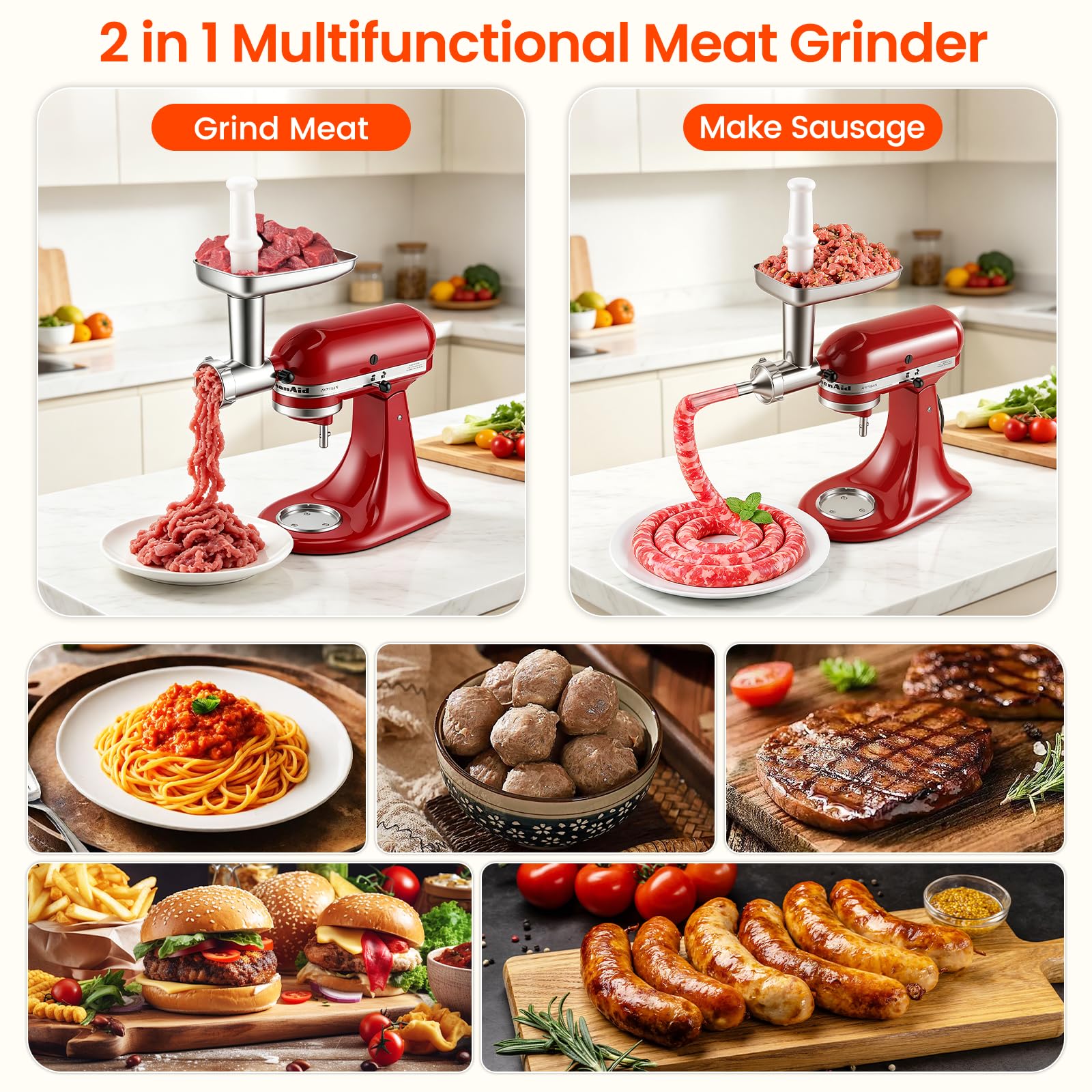 KINGEAGLE attachment mounted on a stand mixer grinding meat for fast results
