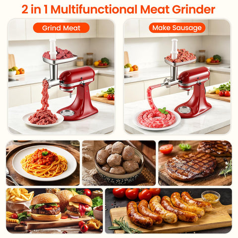 KINGEAGLE attachment mounted on a stand mixer grinding meat for fast results