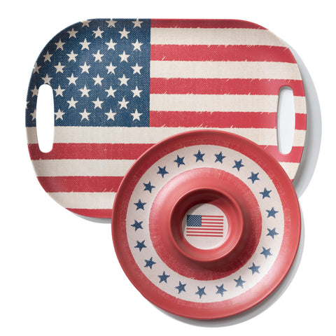 Kingen 18-inch rectangle tray front view showing patriotic design and easy serving
