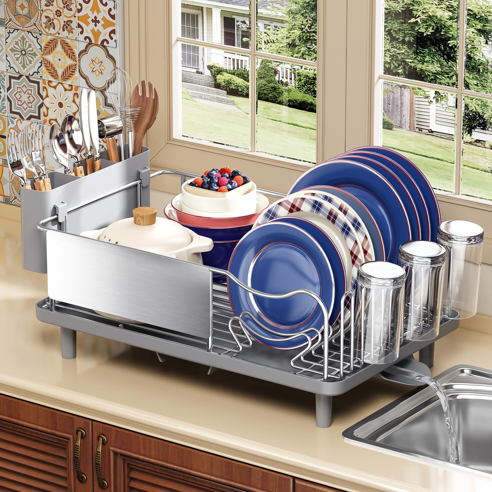KINGRACK front view showing full grey countertop drainer and neat dish organization benefit