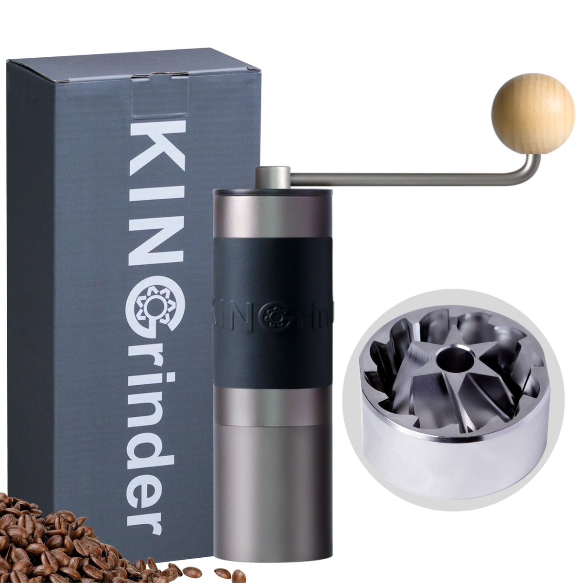 KINGrinder K1 front view shows compact gray body and ergonomic benefit