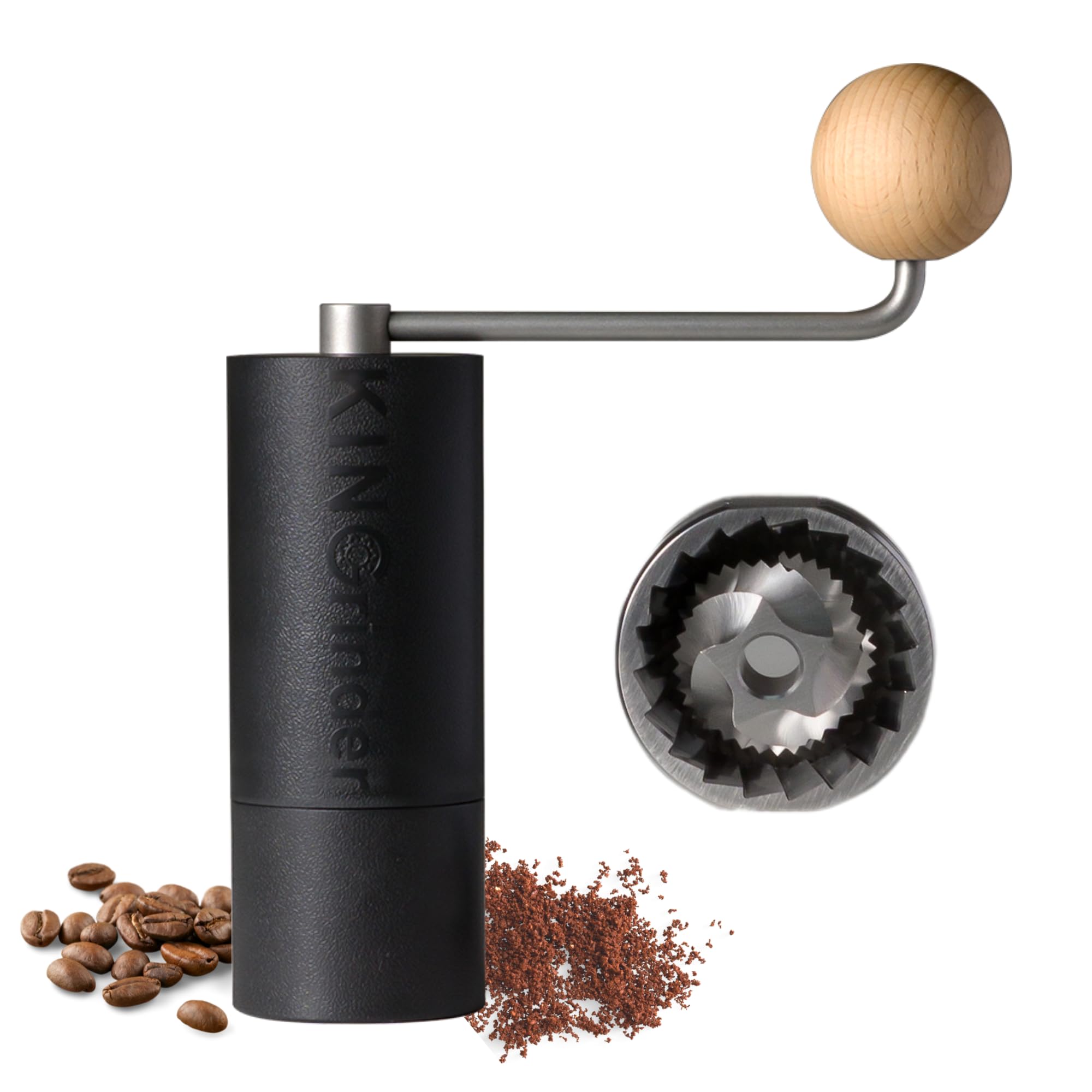 KINGrinder P0 front view showing compact ABS body and lid, emphasizing portability
