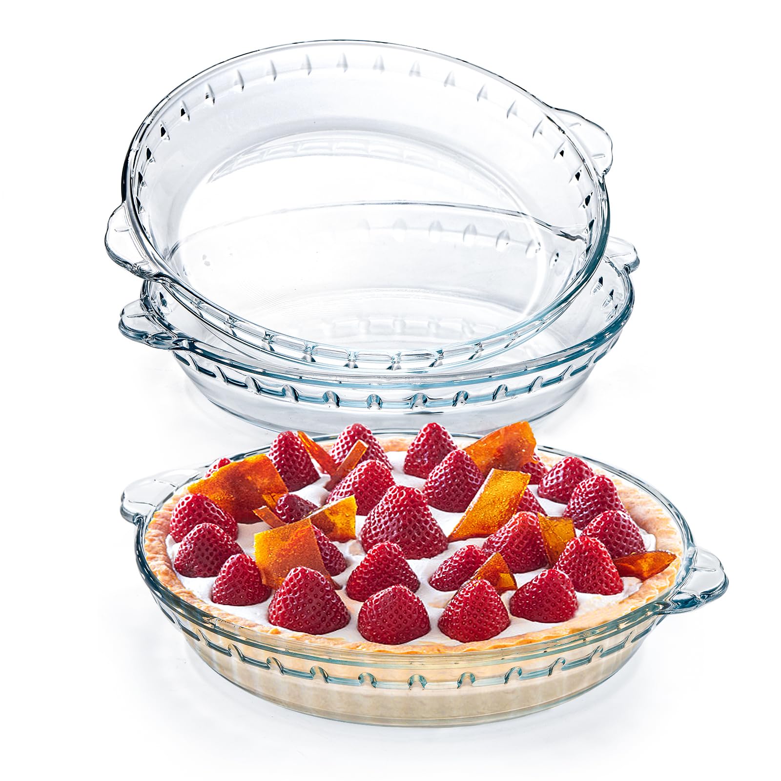 Kingrol front view of three glass pie plates showing clear finish and handles for serving