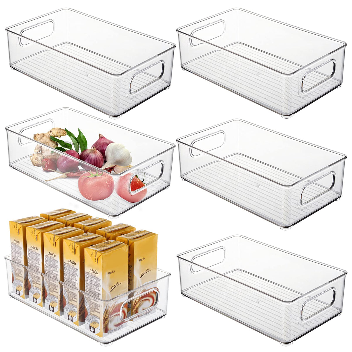 Kingrol front view of six clear bins showing neat stacked storage benefit
