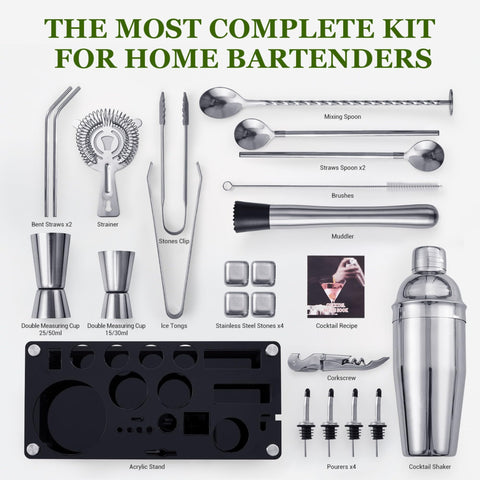 KINGROW arranged tools laid out to show jiggers, pourers, strainer and muddler benefits