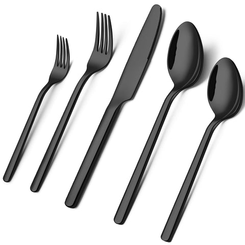 KINGSTONE front view of full 20-piece black flatware set, shows completeness and style