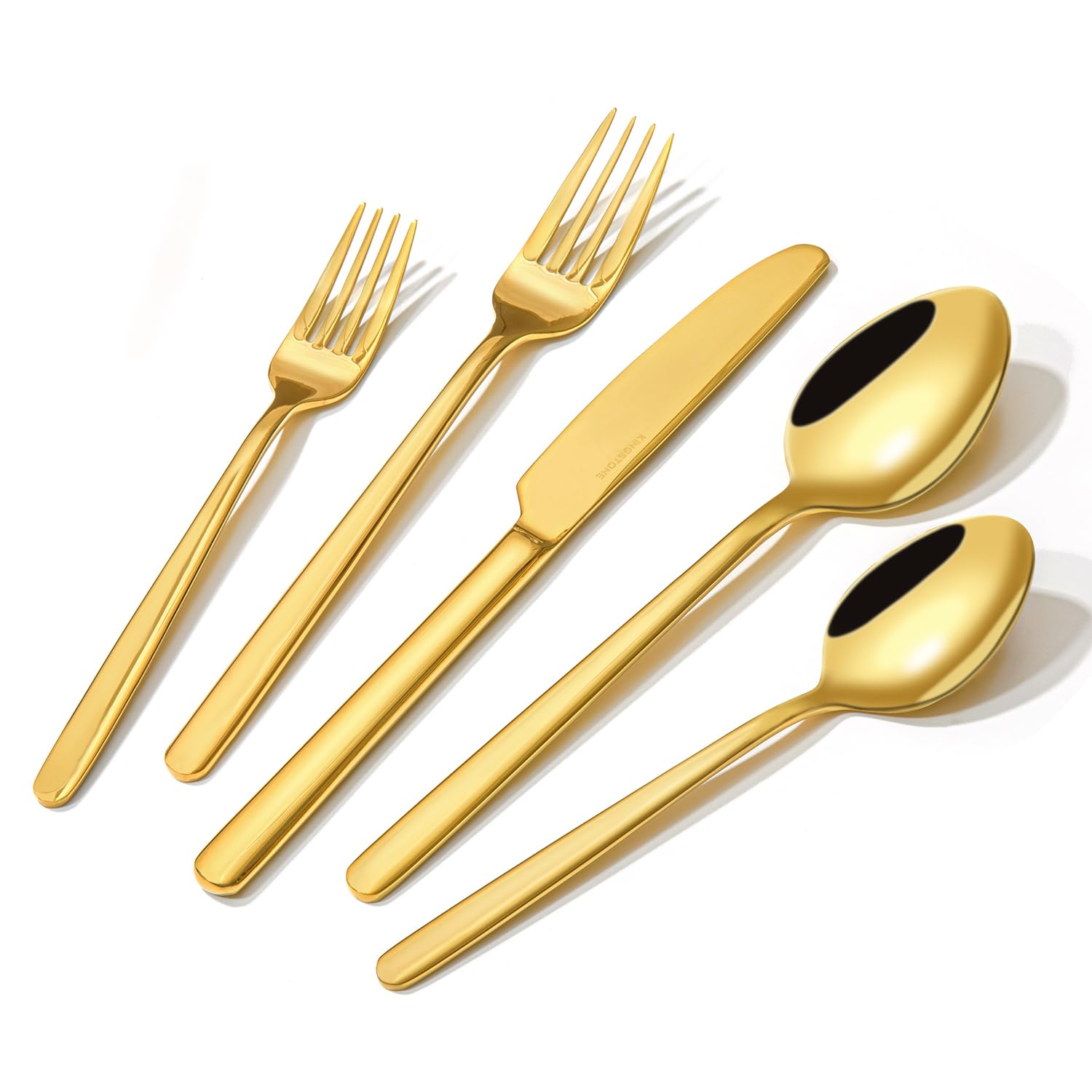KINGSTONE gold flatware set front view showing complete service for 12 and elegant presentation