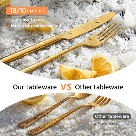 KINGSTONE gold flatware reflecting light to show durable, mirror-polished surface