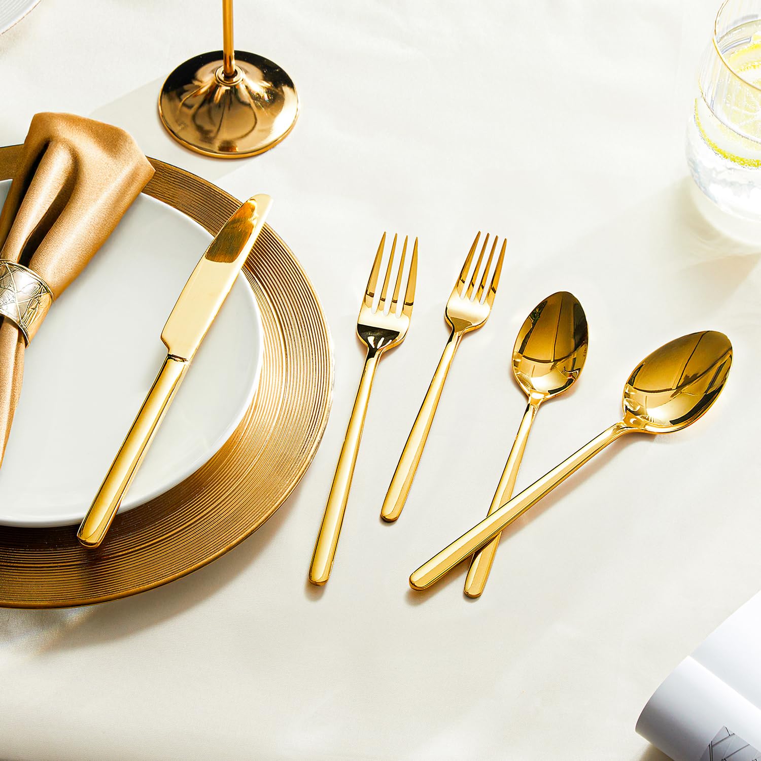 KINGSTONE gold flatware on a styled dining table creating a refined event atmosphere