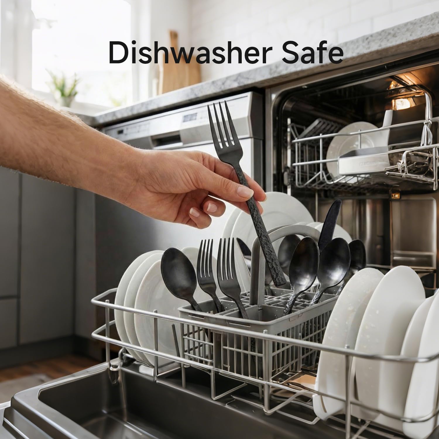 KINGSTONE utensils inside dishwasher showing easy-clean convenience benefit
