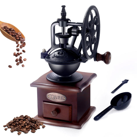 KINI MOX front view of wooden hand grinder showing vintage design and rustic appeal