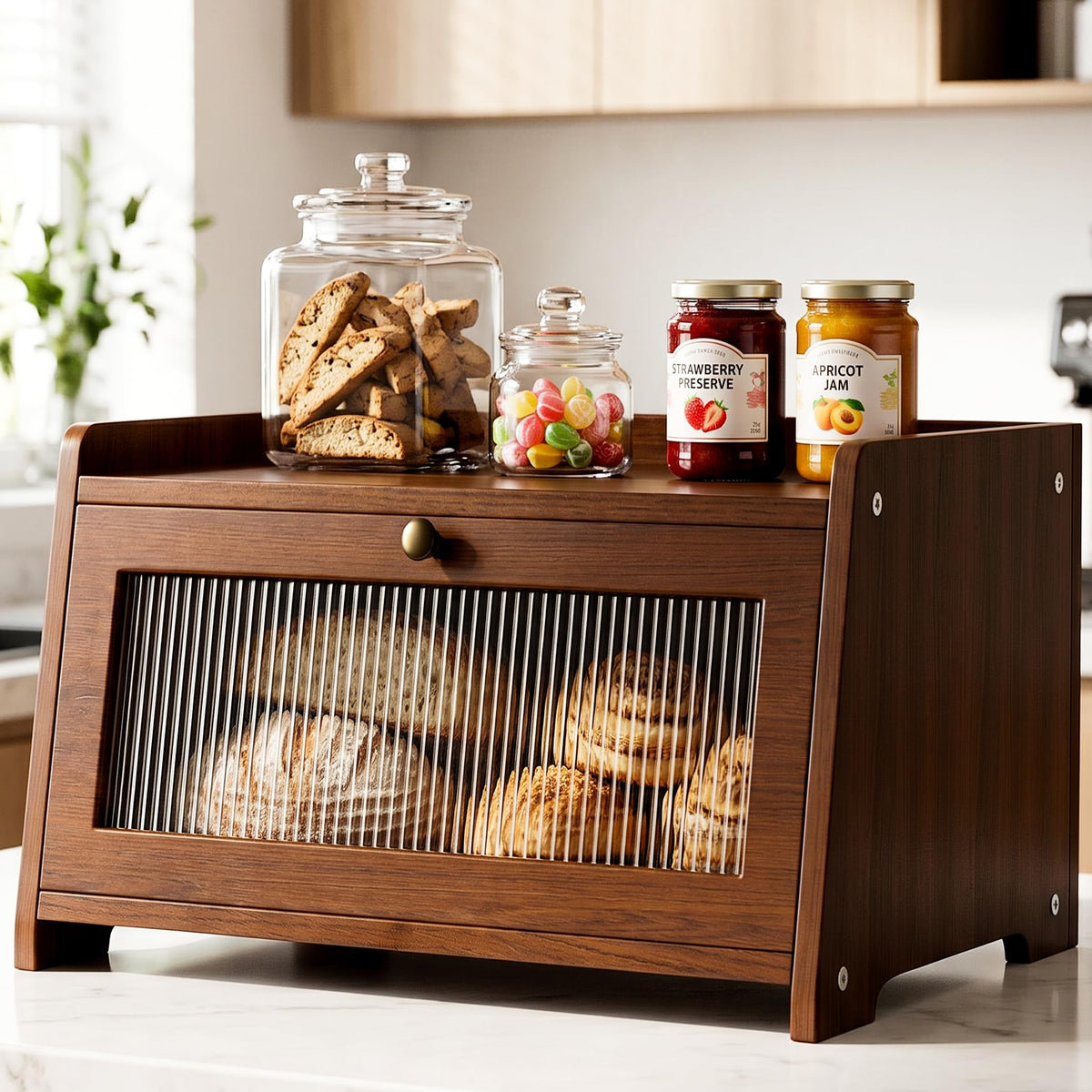 kinisa wooden bread box front view showing storage and style benefits