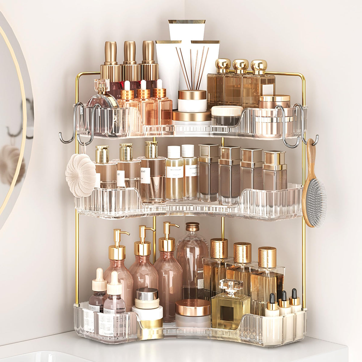 Kinkota front view of corner organizer showing tidy bottles and brushes benefit: saves counter space
