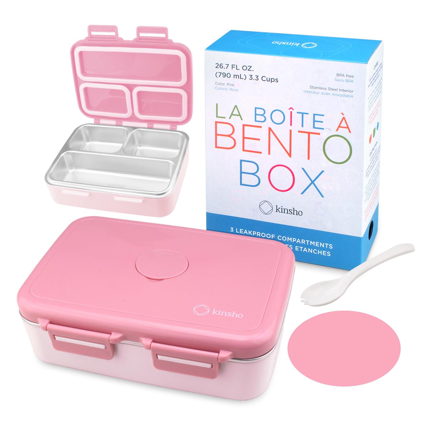 kinsho front view of pink bento box showing compact design and durable steel
