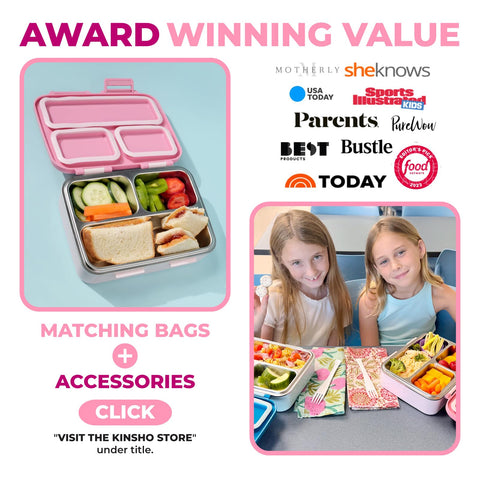 kinsho pink bento box in a picnic scene promoting reusable eco-friendly lunches