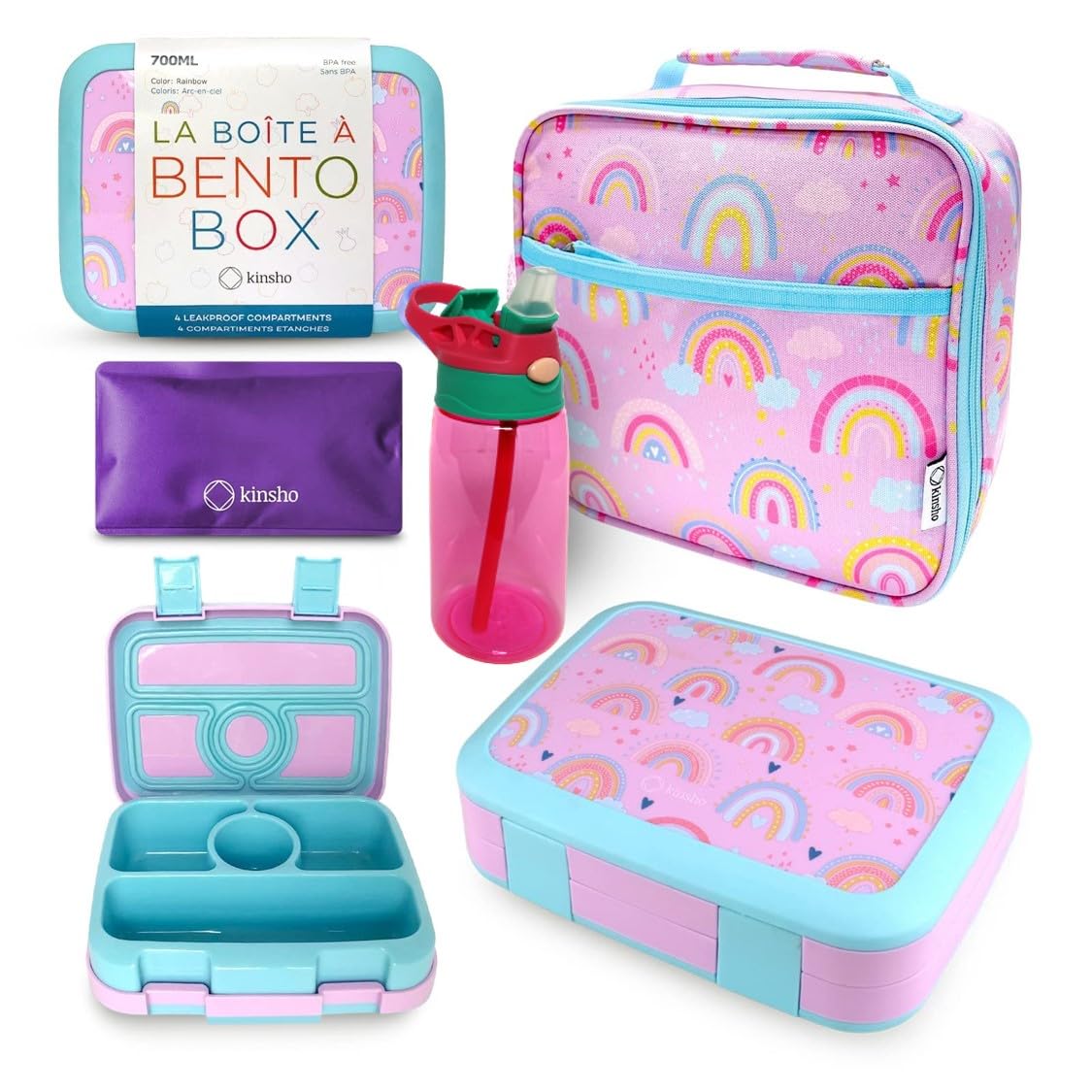 kinsho bento front view showing purple rainbow design and sealed lid for quick ID
