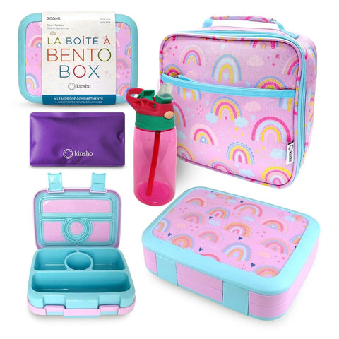 kinsho bento front view showing purple rainbow design and sealed lid for quick ID