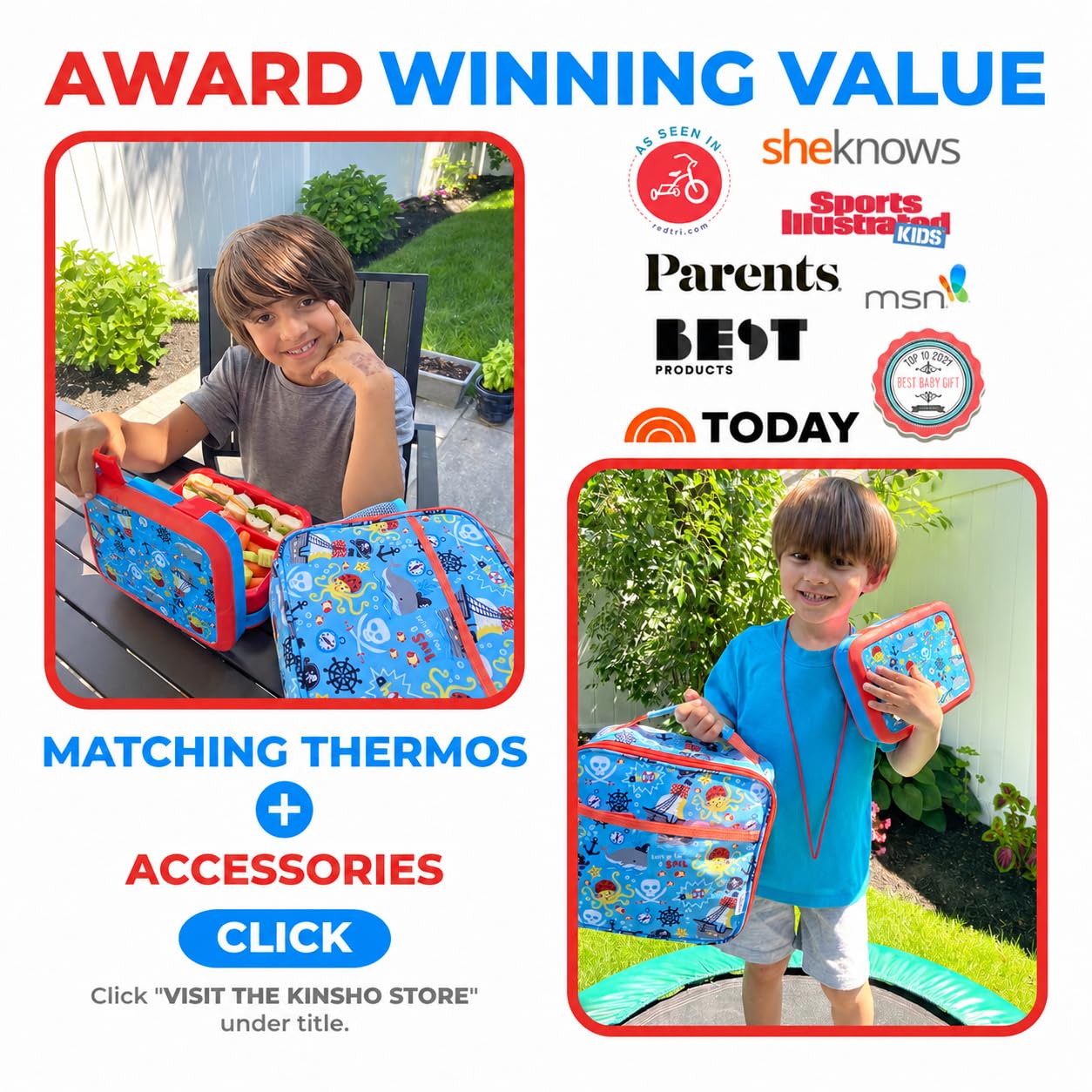 kinsho Blue Pirates child holding lunchset illustrating easy, kid-friendly use