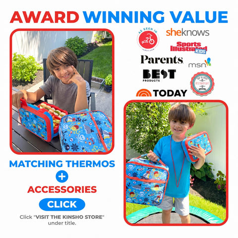 kinsho Blue Pirates child holding lunchset illustrating easy, kid-friendly use