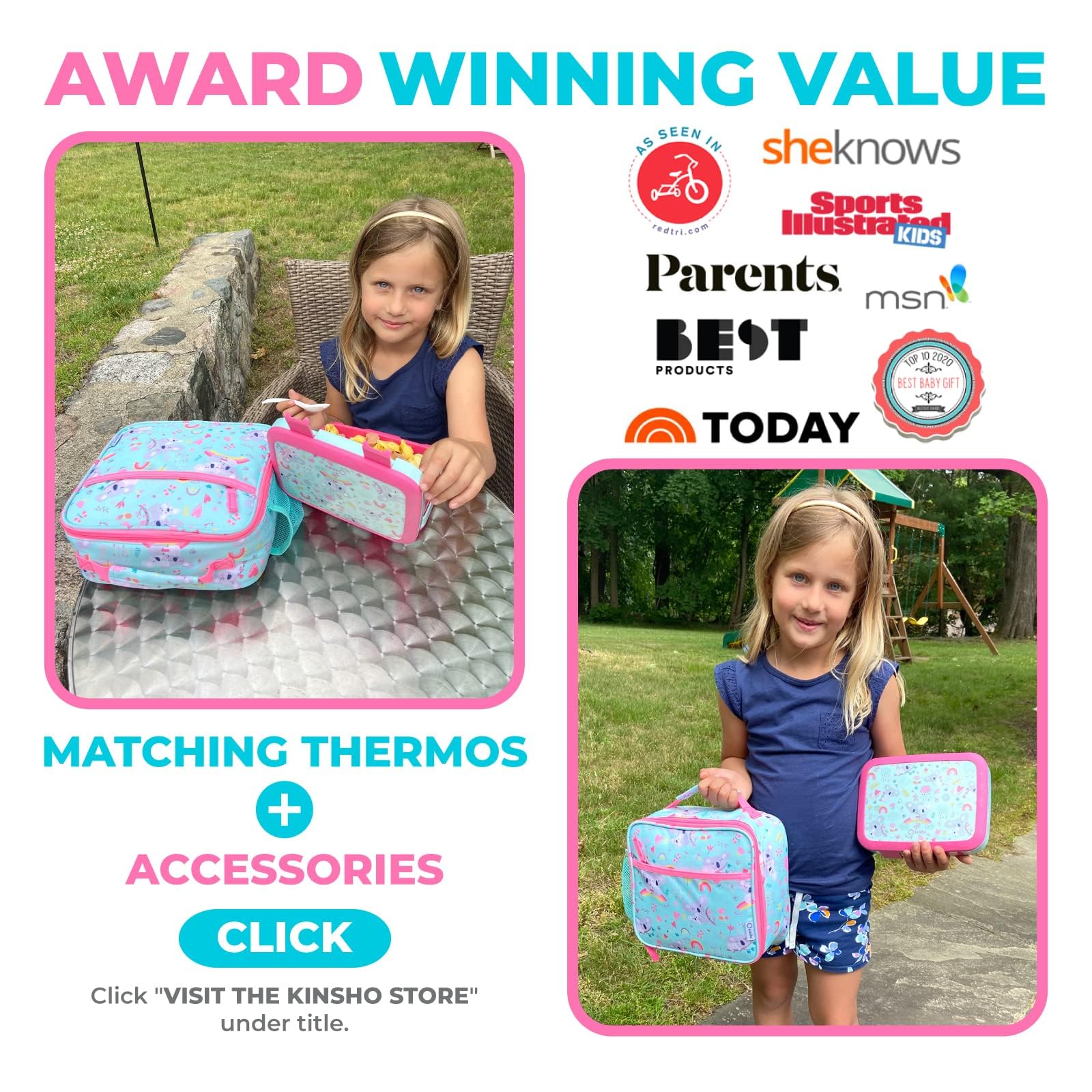 kinsho pink koala lifestyle child at table showing easy lunchtime setup and happy child