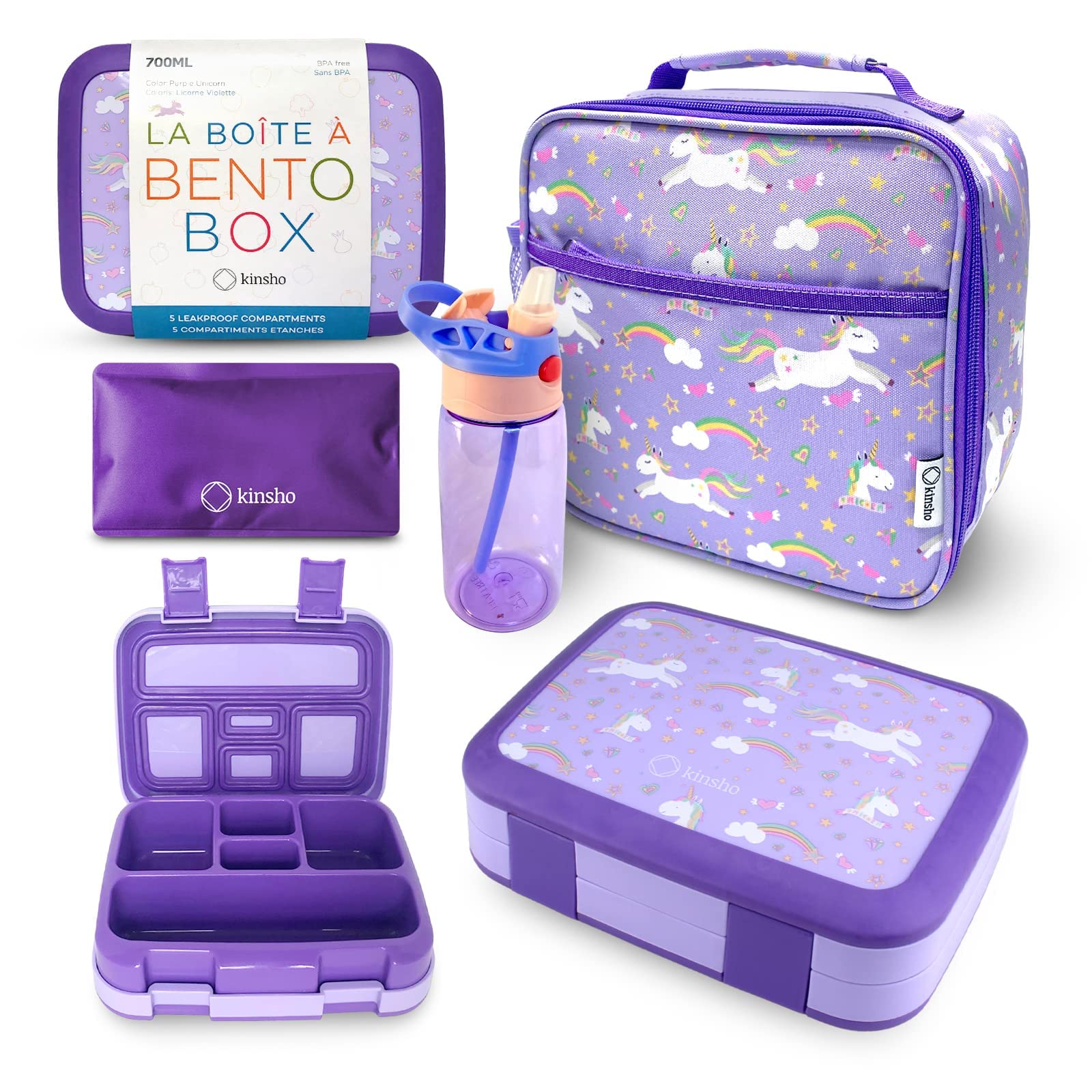 kinsho purple unicorn front packaging showing full lunch set and matching design for easy ID